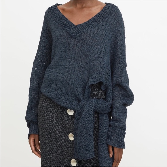Rodebjer Sweaters - Rodebjer Anisah Blue Tape Yarn Oversize Open Weave Side Tie Sweater, Size XL